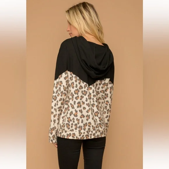 156. Leopard Print Color Block Half Zip Hoodie Black/Taupe NWT - Picture 6 of 8